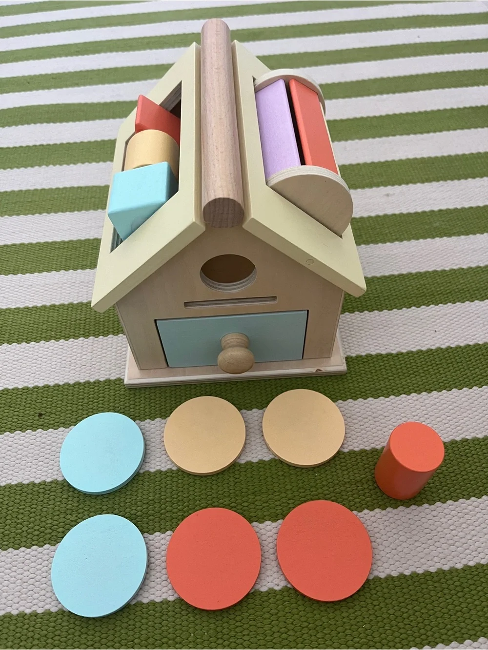 Wooden Montessori Activity House Toy - Pastel Yellow, Mint & Orange